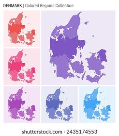 Denmark map collection. Country shape with colored regions. Deep Purple, Red, Pink, Purple, Indigo, Blue color palettes. Border of Denmark with provinces for your infographic. Vector illustration.