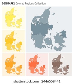 Denmark map collection. Country shape with colored regions. Blue Grey, Yellow, Amber, Orange, Deep Orange, Brown color palettes. Border of Denmark with provinces for your infographic.