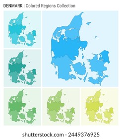 Denmark map collection. Country shape with colored regions. Light Blue, Cyan, Teal, Green, Light Green, Lime color palettes. Border of Denmark with provinces for your infographic. Vector illustration.