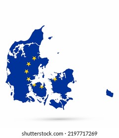 Mapa de Dinamarca coloreado por la bandera de la UE aislado en blanco. Ilustración vectorial.
