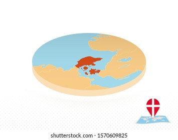 Denmark map designed in isometric style, orange circle map of Denmark for web, infographic and more.