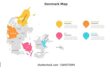 Denmark map divided into administrative regions. Territory of country with regional borders, geographical division. Infographic design template. Vector illustration for touristic guide or brochure.
