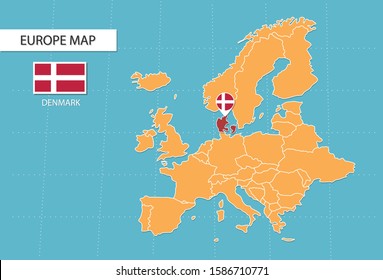 Denmark map in Europe, icons showing Denmark location and flags.