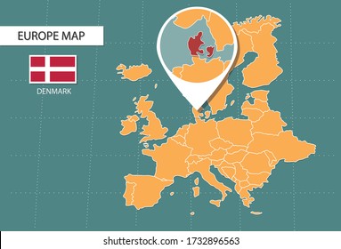 Denmark map in Europe zoom version, icons showing Denmark location and flags.