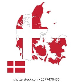 Denmark Map with Flag Below on Right Side. Map of Denmark with the National Flag Positioned Below on the Right, Representing Denmark Unity and Identity.