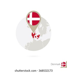 Denmark map and flag in circle. Map of Denmark, Denmark flag pin. Map of Denmark in the style of the globe. Vector Illustration.