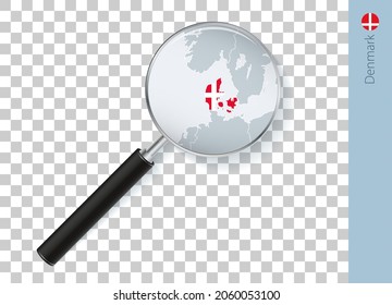 Denmark map with flag in magnifying glass on transparent background. Vector loupe with map.