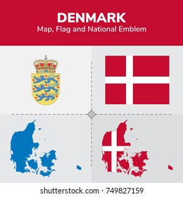 Denmark Map, Flag and National Emblem 