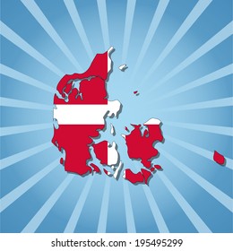 Denmark map flag on blue sunburst illustration
