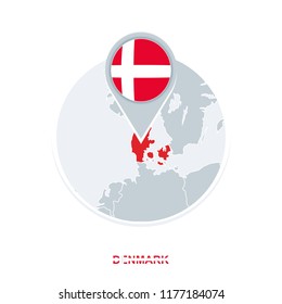 Denmark map and flag, vector map icon with highlighted Denmark