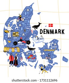 Denmark map flat hand drawn vector illustration flag. Names lettering and cartoon landmarks, tourist attractions cliparts.Copenhagen travel, trip comic infographic poster, banner concept design