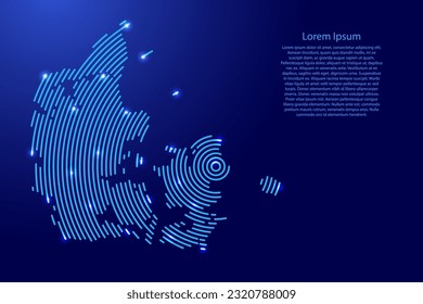 Denmark, map from futuristic concentric blue circles and glowing stars for banner, poster, greeting card