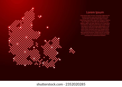 Mapa de Dinamarca del futurista patrón cuadrado de cuadros rojos y brillantes estrellas para pancarta, afiche, tarjeta de saludo