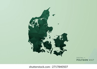 Dänemark Karte - Vektor Illustration im Stil eines grünen Polygons, geometrisches Design mit niedrigem Poly und sauberer Silhouette auf weichgrünem Hintergrund.