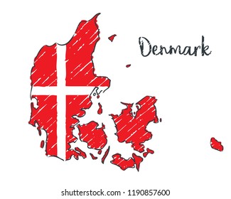 Denmark map hand drawn sketch. Vector concept illustration flag, children's drawing.