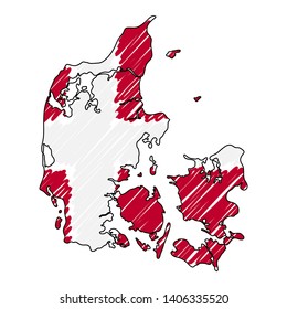 Denmark map hand drawn sketch. Vector concept illustration flag, childrens drawing, scribble map. Country map for infographic, brochures and presentations isolated on white background. Vector