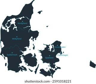 Denmark map high detailed with administrative divide by state, capital cities names, outline simplicity style. Vector illustration EPS10.