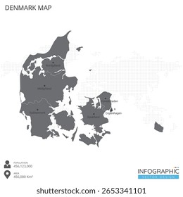 Dinamarca mapa alto detalhado com regiões e cidades do país sobre fundo branco. Ilustração vetorial EPS10.