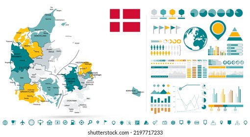 Denmark Map and Infographic design elements. Business template in flat style for presentation, booklet, website and other creative projects. 
