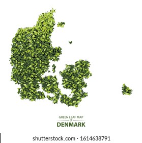 Denmark map made up of green leaf on white background vector  illustration of a forest is conceptual of the global green environmental issues worldwide