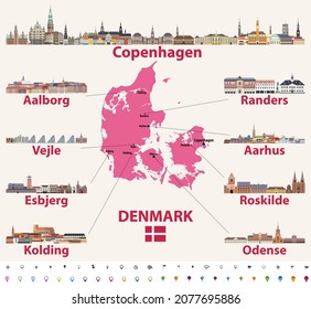 Denmark map with main cities skylines vector set