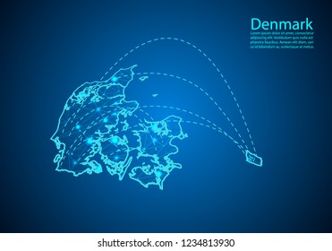 denmark map with nodes linked by lines. concept of global communication and business. Dark denmark map created from white dots with travel locations or internet connection.