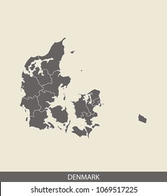 Denmark map outline vector illustration in gray background. Borders of all states or provinces or counties are included on this map.