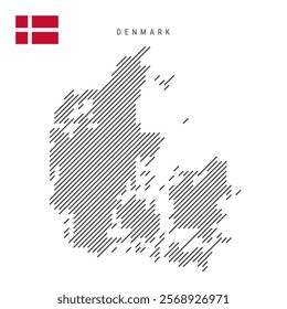 Denmark map from pattern of black slanted parallel lines. Danish map with gray diagonal lines. Silhouette of a country made of oblique hatching. Vector illustration isolated on white.