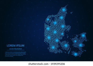 Denmark map from point blue and glowing stars on a dark background. Vector eps 10.