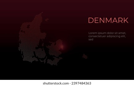 Denmark map radial dots pattern on a dark red gradient background with copy space. Pattern centered in Copenhagen. Modern Business Finance Design Concept. Denmark Silhouette Vector.