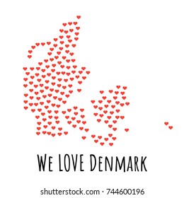 Denmark Map with red hearts- symbol of love. abstract background with text We Love Denmark. vector illustration. Print for t-shirt