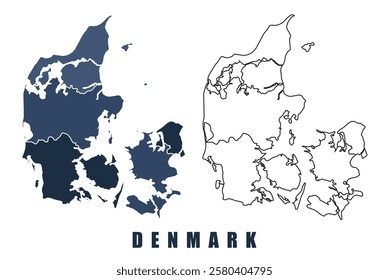 Denmark map regions border outline vector set