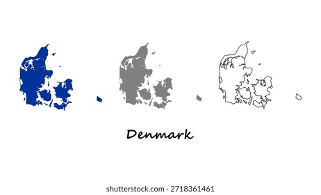Conjunto de mapas da Dinamarca. Vetor de mapa azul, cinza e contorno da Dinamarca no plano de fundo branco
