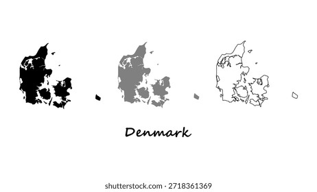Conjunto de mapas da Dinamarca. Silhueta da Dinamarca, cinza e contorno do mapa vetor no fundo branco
