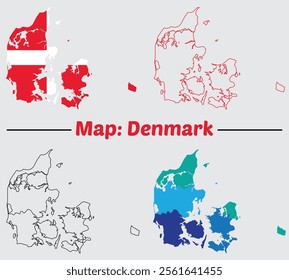 Denmark map set. Denmark map vector. High detailed vector outline, blue silhouette and administrative region map of Denmark.