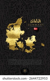 Dinamarca Mapa Ouro brilhante com bonito árabe caligrafia fundo Vetor Design sem SIGNIFICADO ESPECÍFICO em inglês e bandeira