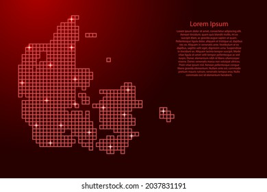 Denmark map silhouette from red mosaic structure squares and glowing stars. Vector illustration.