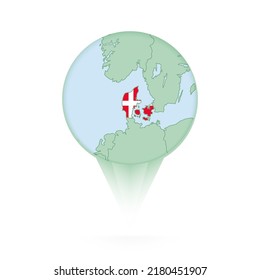 Denmark map, stylish location icon with Denmark map and flag. Green pin icon.