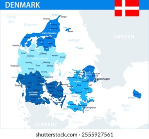 Denmark Map Vector Blue Spot - Customizable layered political map of Denmark with administrative divisions for website, education, reports, news, politics, print, poster and wallpaper