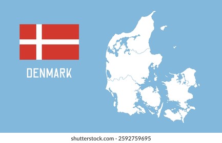 Denmark map. Vector Denmark map with Denmark flag isolated on blue background.	