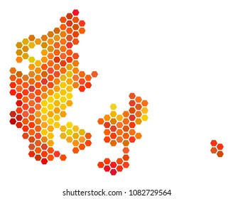 Denmark map. Vector honeycomb geographic plan in bright orange color tinges. Impressive Denmark map mosaic is combined with orange hex tile dots.