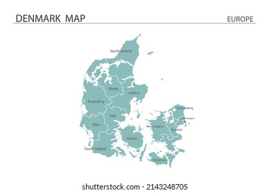 Denmark map vector illustration on white background. Map have all province and mark the capital city of Denmark. 