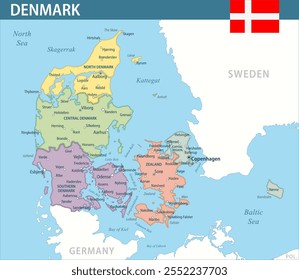 Denmark Map Vector New 2024 Colorful - Customizable layered political map of Denmark with administrative divisions for website, education, reports, news, politics, print, poster and wallpaper