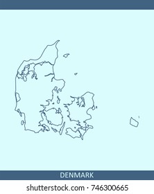 Denmark map vector outline illustration in blue background