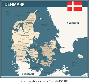 Denmark Map Vector Vintage Dark Blue Beige - Customizable layered political map of Denmark with administrative divisions for website, education, reports, news, politics, print, poster and wallpaper