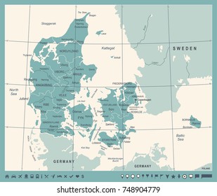 Denmark Map - Vintage Detailed Vector Illustration