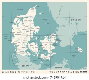 Denmark Map - Vintage Detailed Vector Illustration