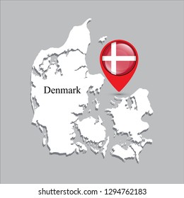 Denmark map with white shadow and country name on the map. Check-in point with a national flag on a gray background.