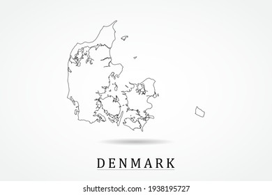 Mapa de Dinamarca - Mapa Mundial Plantilla vectorial internacional con un contorno negro delgado o un esquema de dibujo gráfico estilo y color negro aislado en fondo blanco - Ilustraciones vectoriales 10