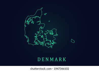 Mapa de Dinamarca - Mapa Mundial Plantilla vectorial internacional con un contorno verde delgado o un esquema de dibujo gráfico estilo y color verde aislado en el fondo oscuro - Ilustraciones vectoriales 10
